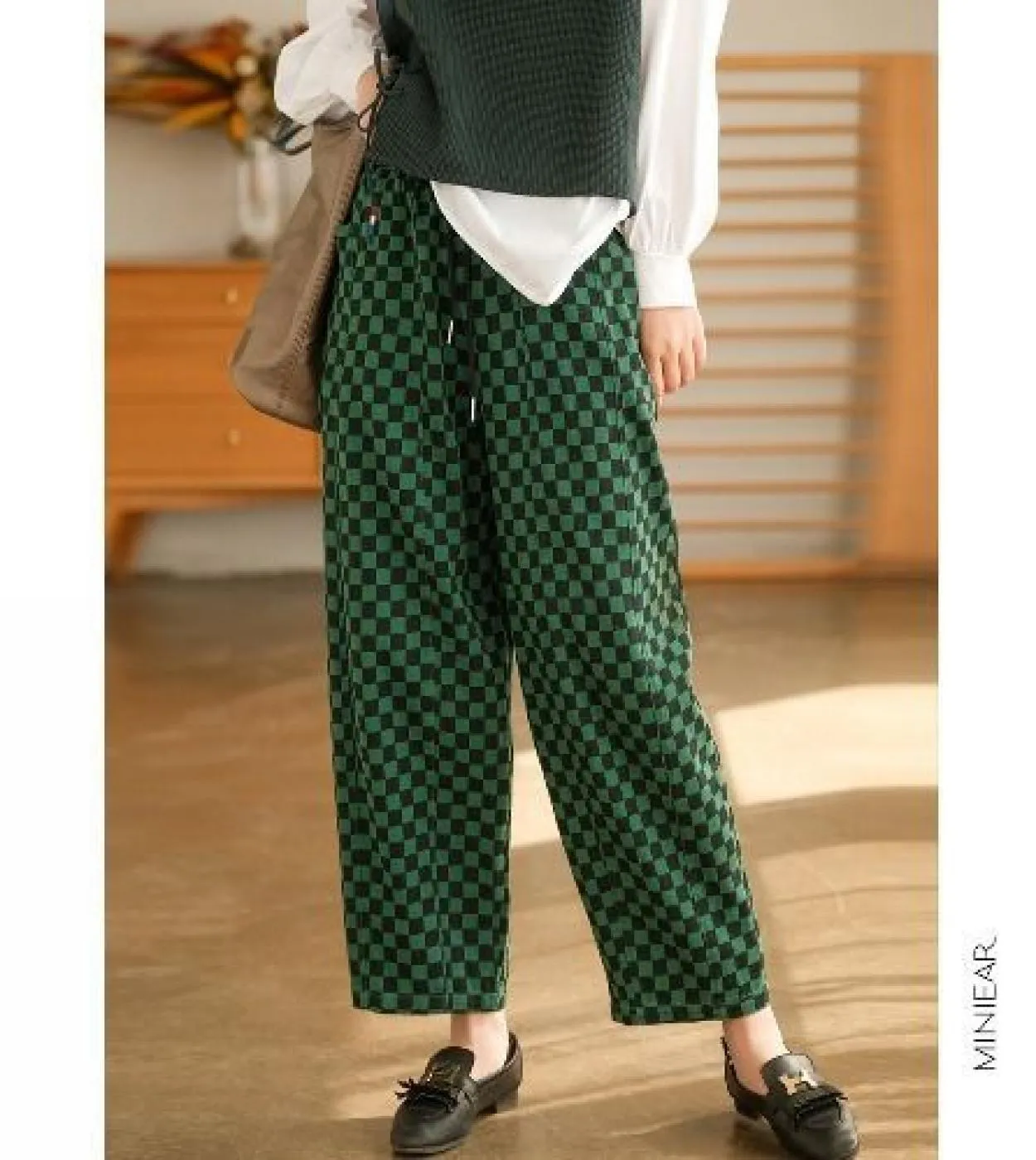 2022 Primavera Estate New Arts Style Donna Elastico in vita scozzese Pantaloni a gamba larga Tutti abbinati Casual Pantaloni lar