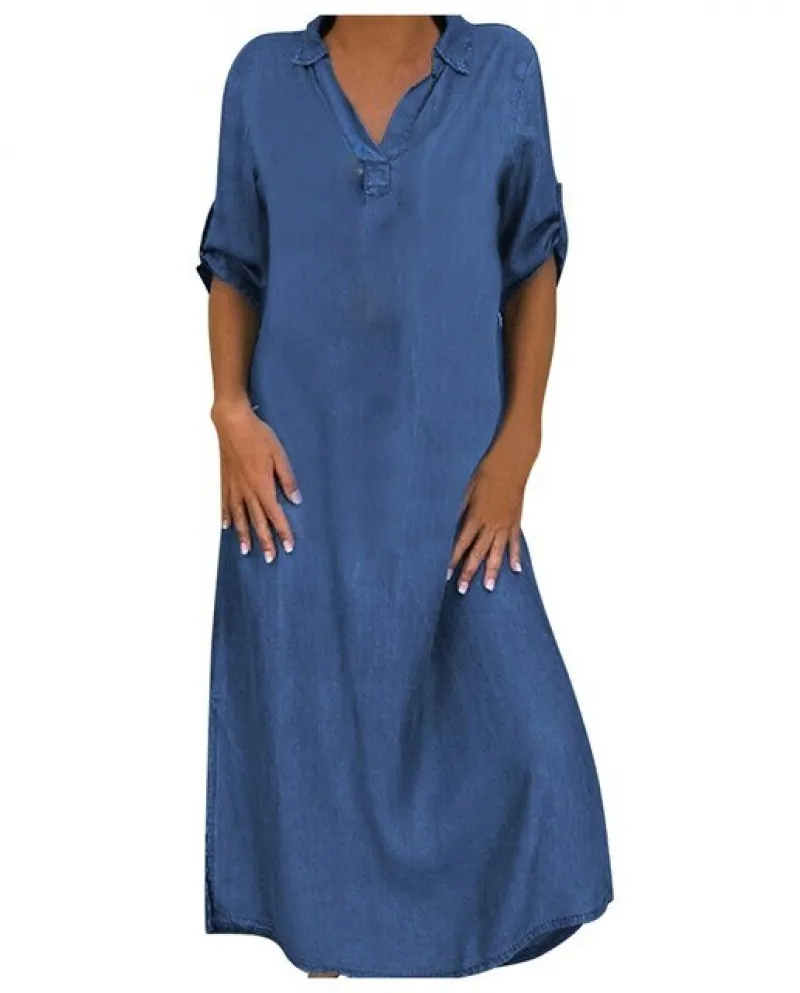 Abiti da donna casual in denim solido con scollo a V manica arrotolata con bottoni Abito lungo allentato Moda estiva Abiti vinta