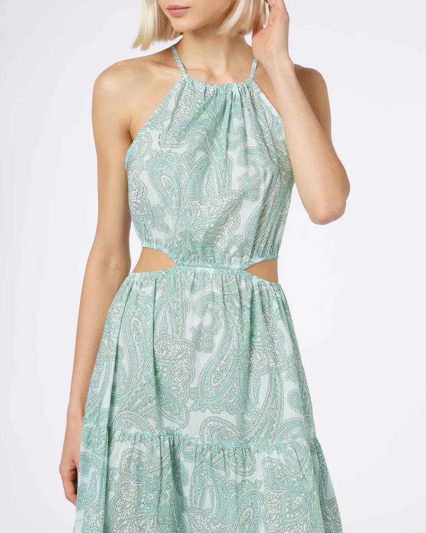 Abito lungo color acqua a fantasia paisley in cotone con cut out sui fianchi