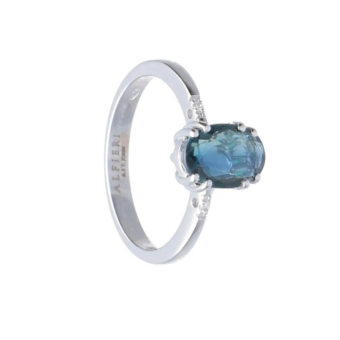ANELLO IN ORO BIANCO CON DIAMANTI CT 0.10 E ZAFFITO MISURA 14