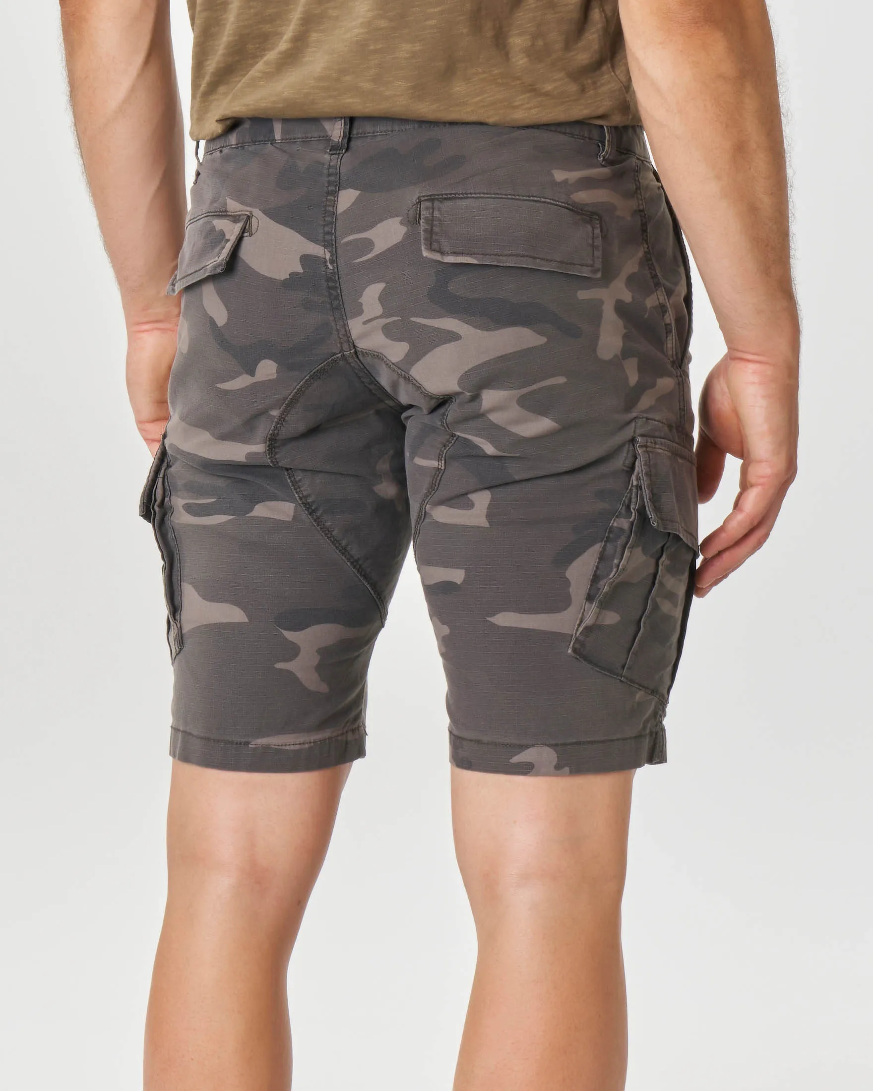 Bermuda tasconato camouflage grigio in ripstop di cotone stretch