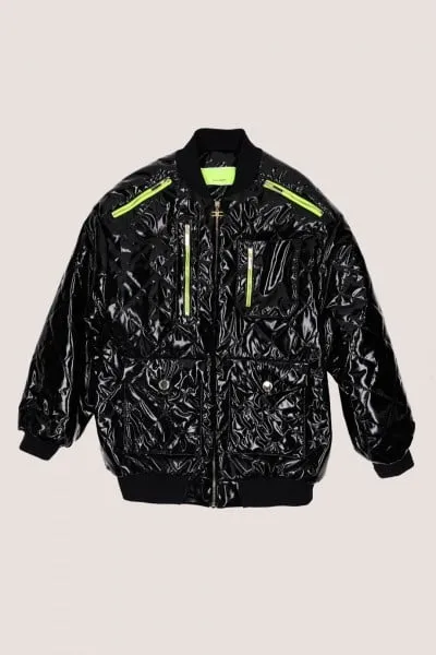Bomber matelassè in vernice con dettagli fluo Nero