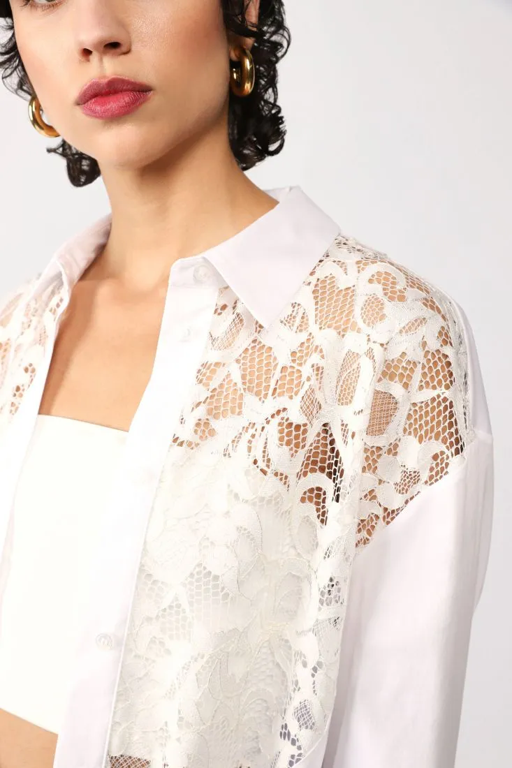 Camicia oversize monocolour con inserto effetto pizzo