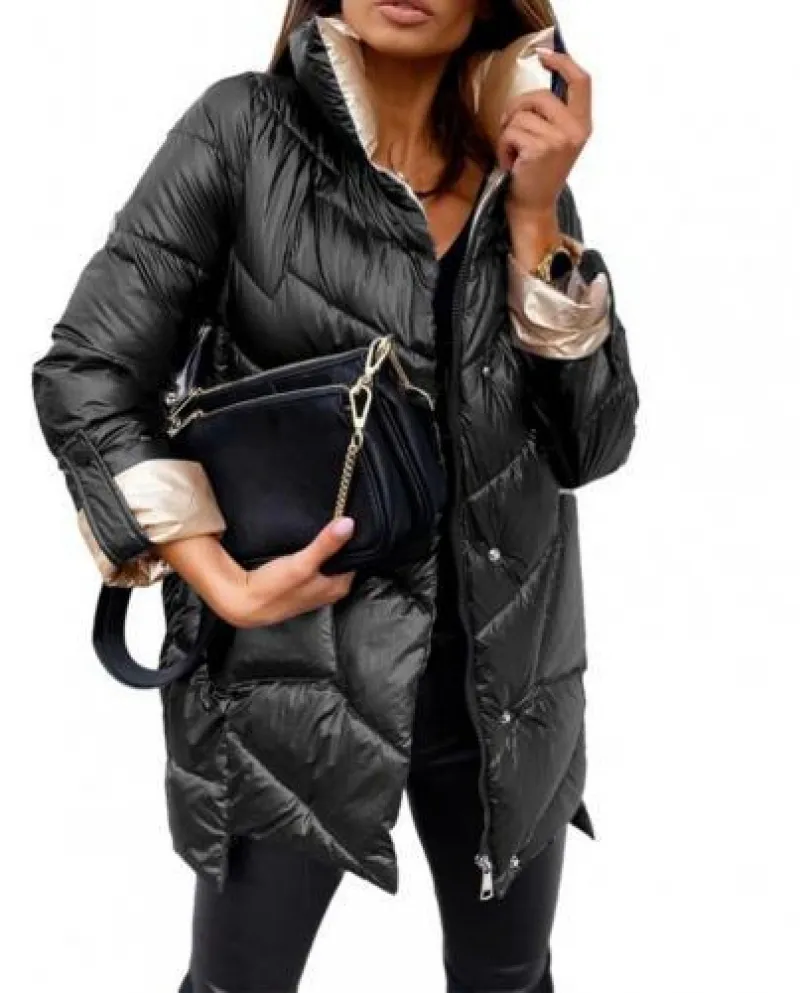 Cappotto Imbottito Cotone Donna Parka Tinta Unita Superficie Liscia Stand Coll