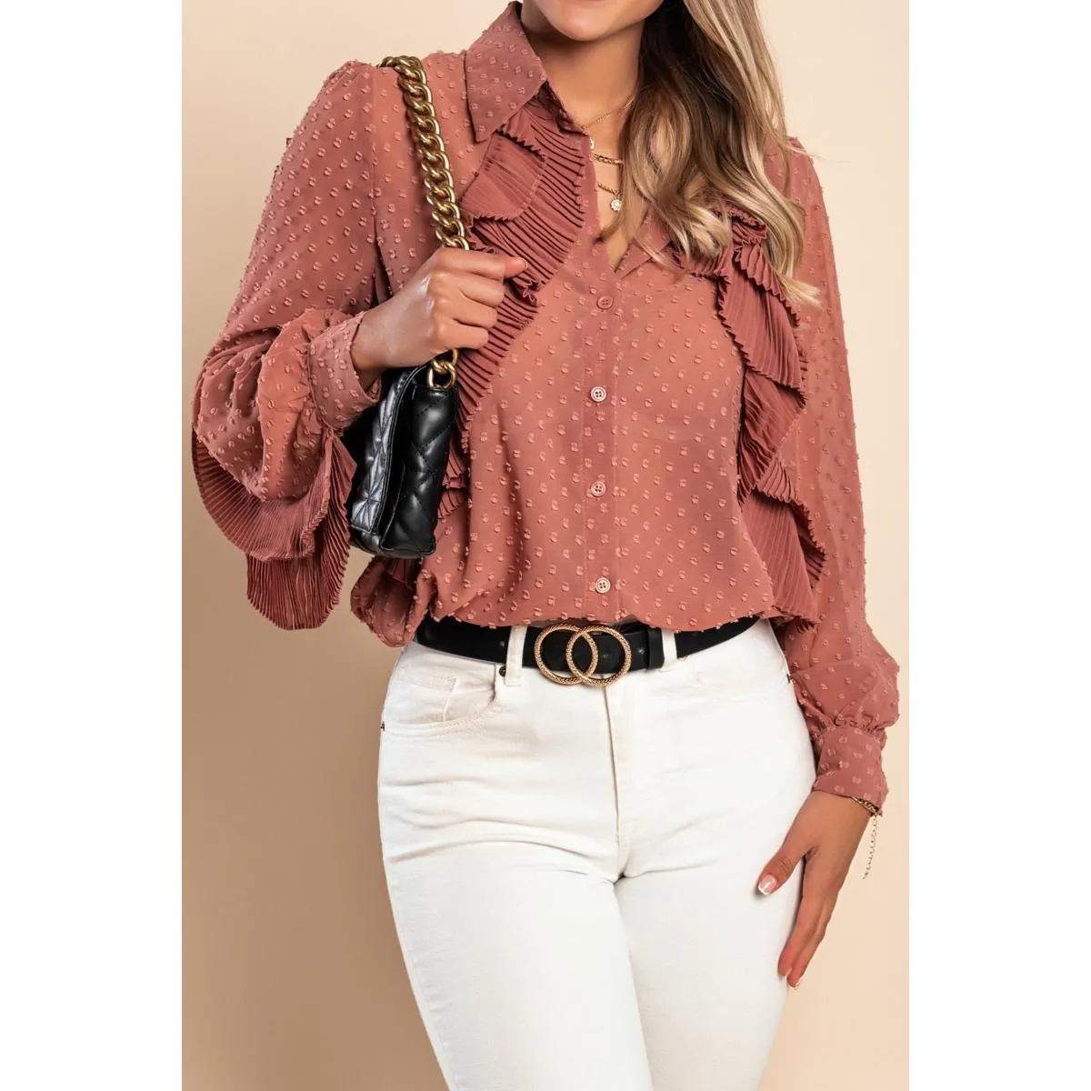 Elegante blusa in tessuto trasparente con balze Vendella, rosa