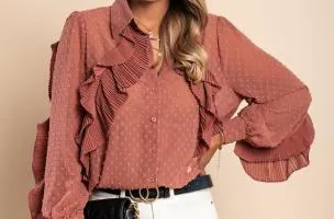 Elegante blusa in tessuto trasparente con balze Vendella, rosa