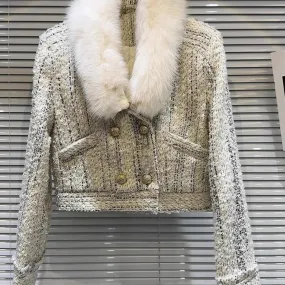 Giacca interna in piumino di tweed intrecciato con colletto in volpe da donna della più recente giacca da stilista del 2023 di H