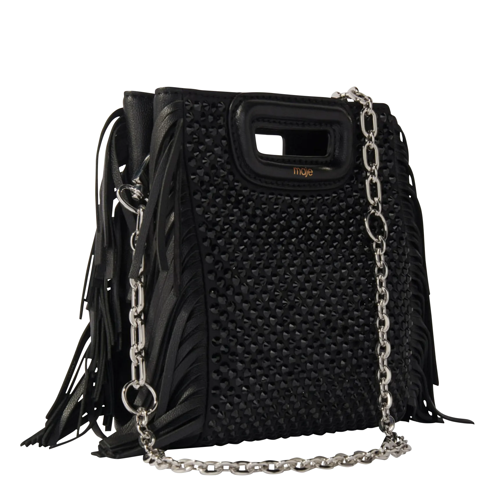  MAJE   M MINI - Borsa a tracolla con strass e frange | Nero