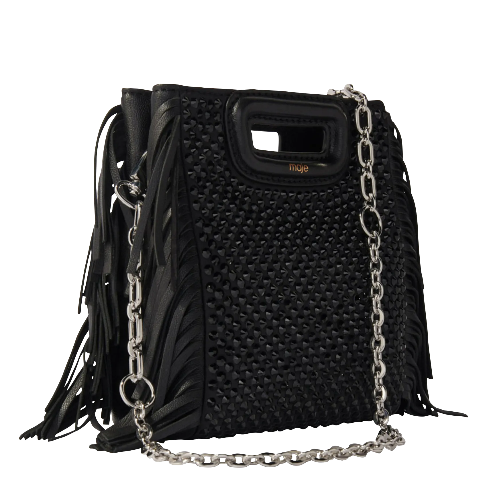  MAJE   M MINI - Borsa a tracolla con strass e frange | Nero