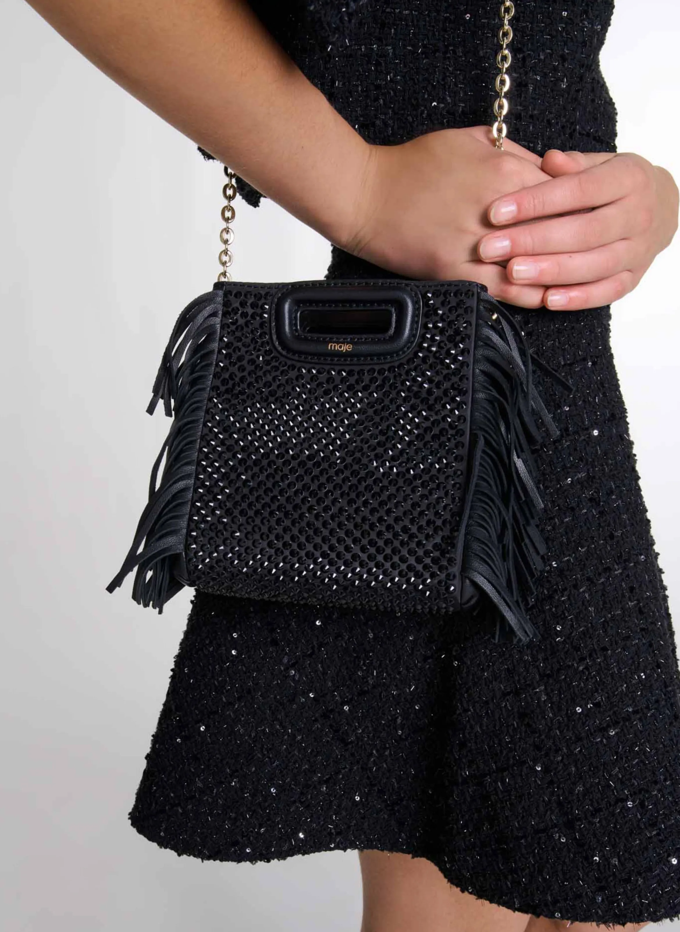  MAJE   M MINI - Borsa a tracolla con strass e frange | Nero