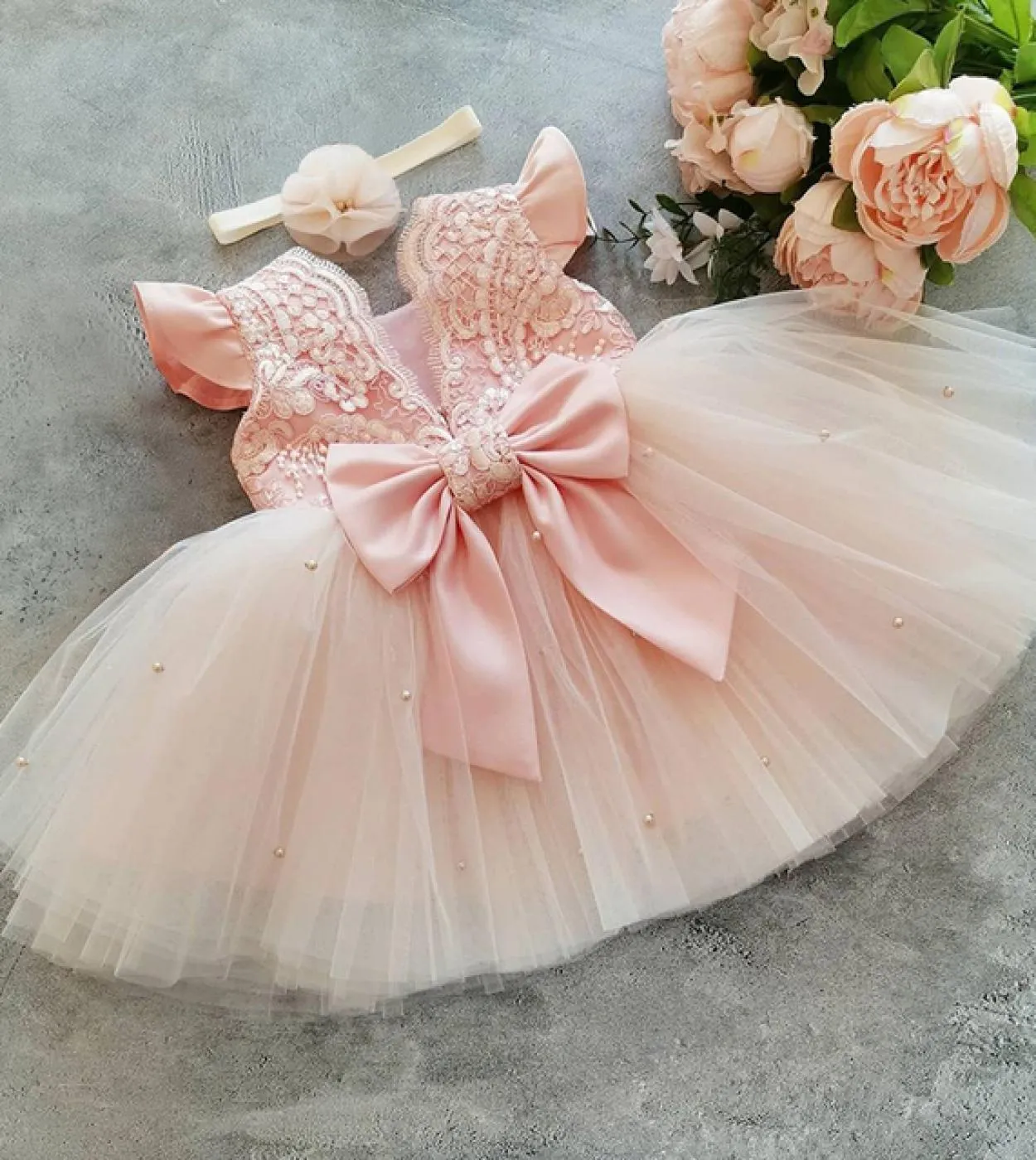 Neonate 1 ° compleanno abito da sera da sera fiore fiocco in pizzo bambini Tulle Mini Vestido per 2023 nuovo ricamo stile dolce