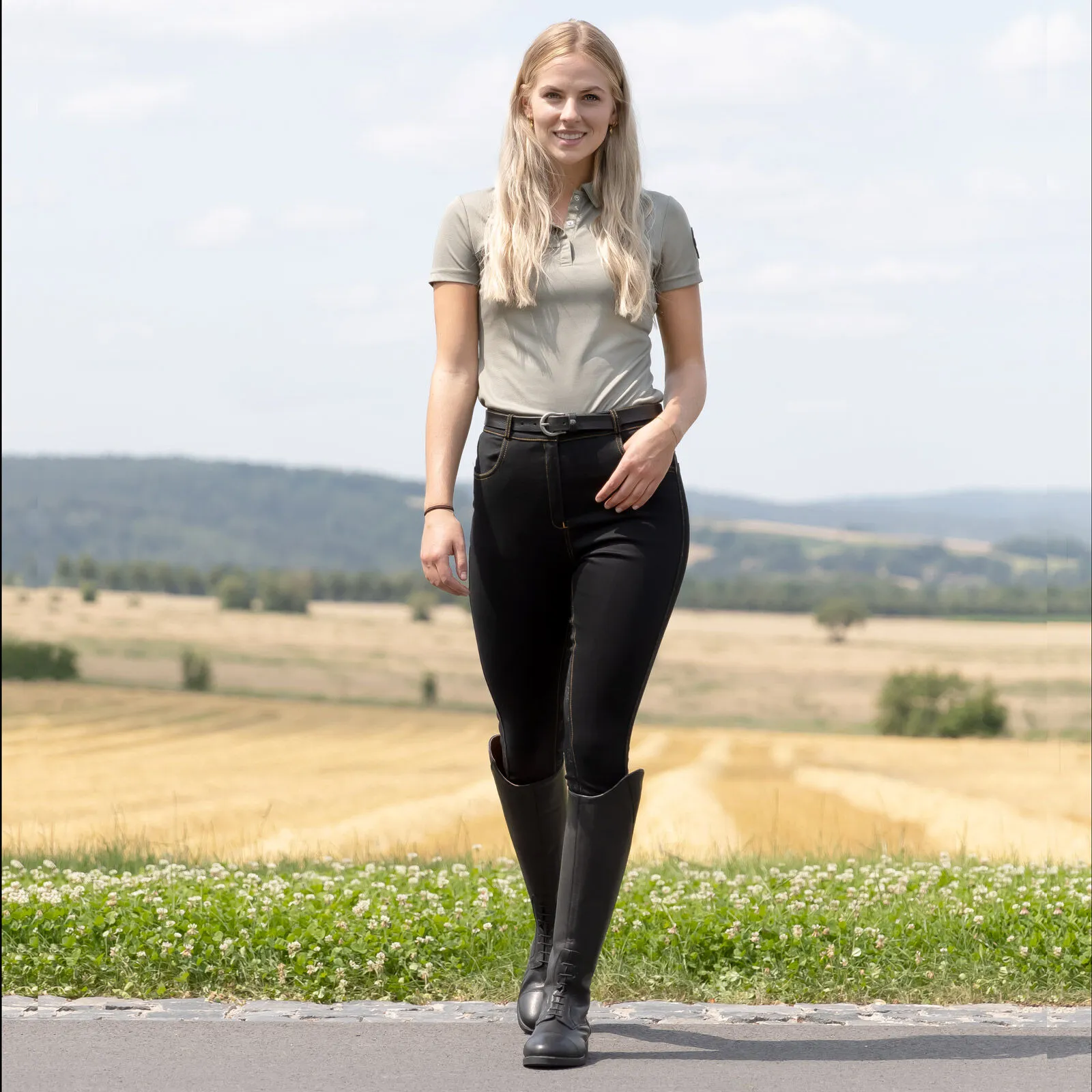 Pantaloni da equitazione da donna in denim a vita alta