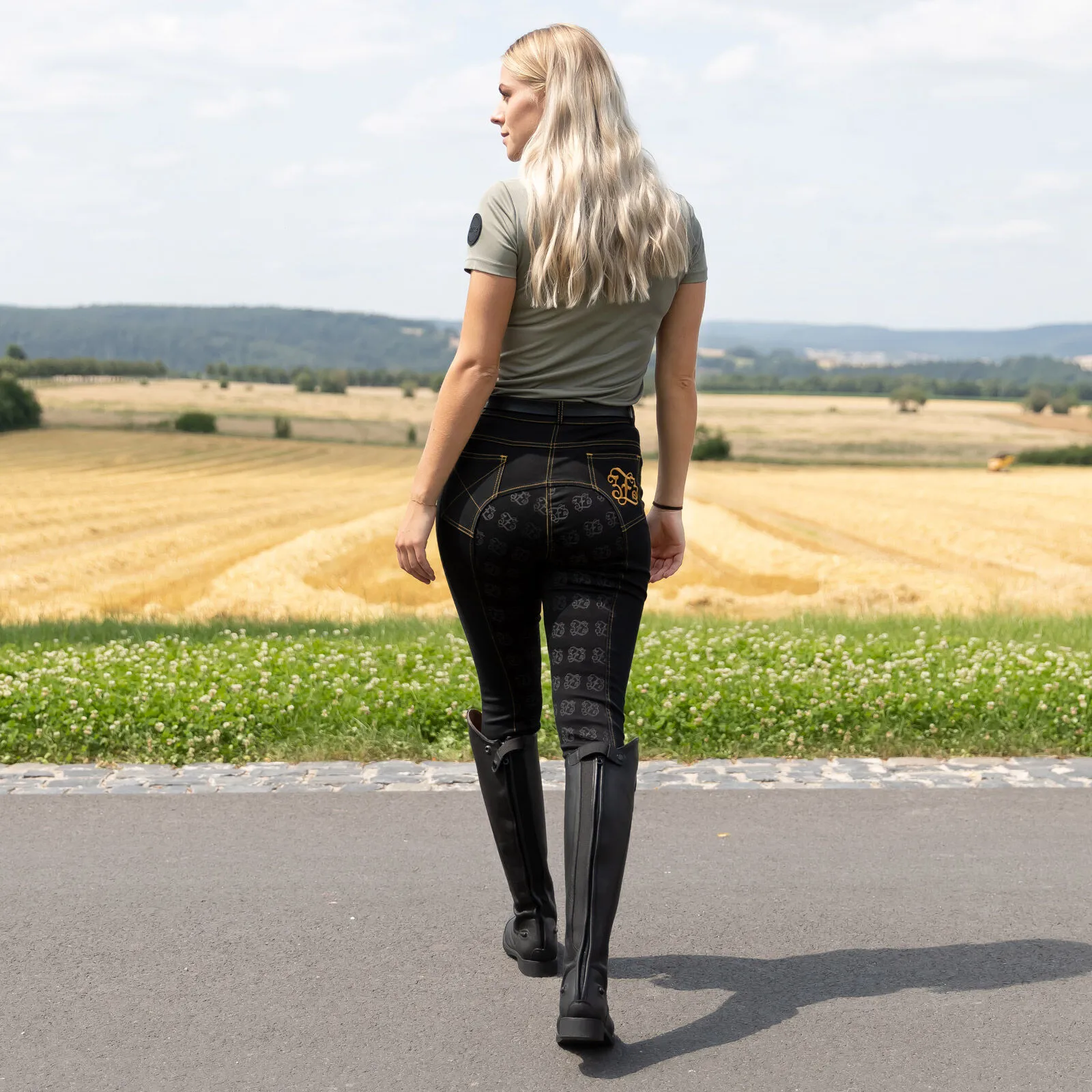 Pantaloni da equitazione da donna in denim a vita alta