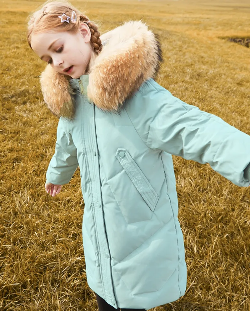 Piumino per bambini Ragazze di media lunghezza Nuovo grande collo di pelliccia Cappotto Abbigliamento invernale ispessito