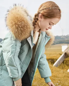 Piumino per bambini Ragazze di media lunghezza Nuovo grande collo di pelliccia Cappotto Abbigliamento invernale ispessito