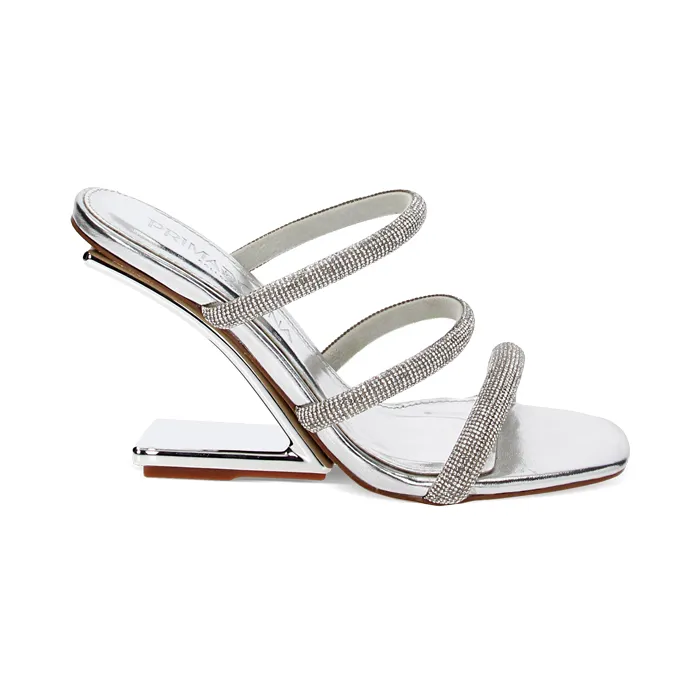 Sandali argento in laminato con pietre, zeppa 9,5 cm