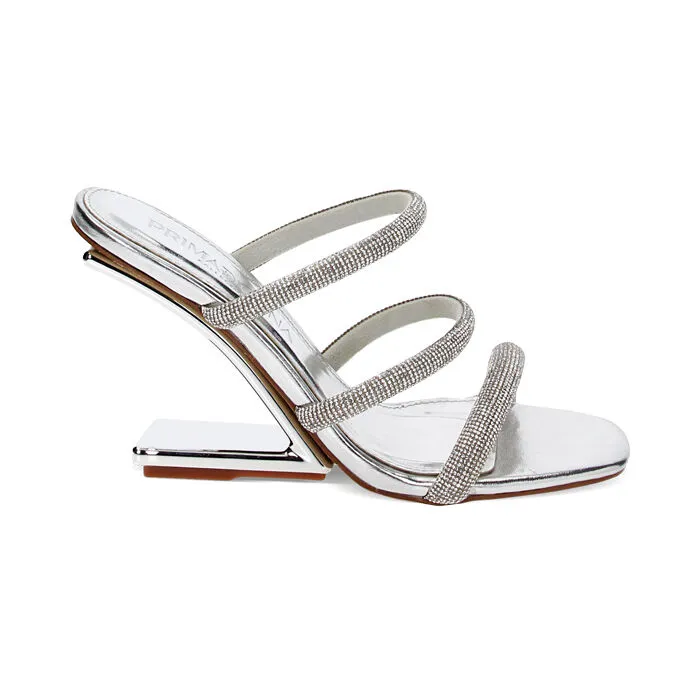 Sandali argento in laminato con pietre, zeppa 9,5 cm
