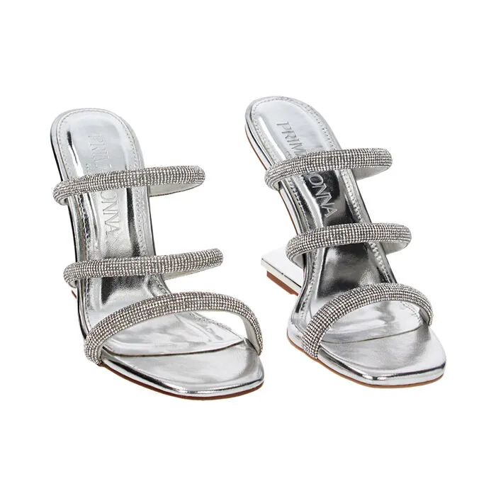 Sandali argento in laminato con pietre, zeppa 9,5 cm