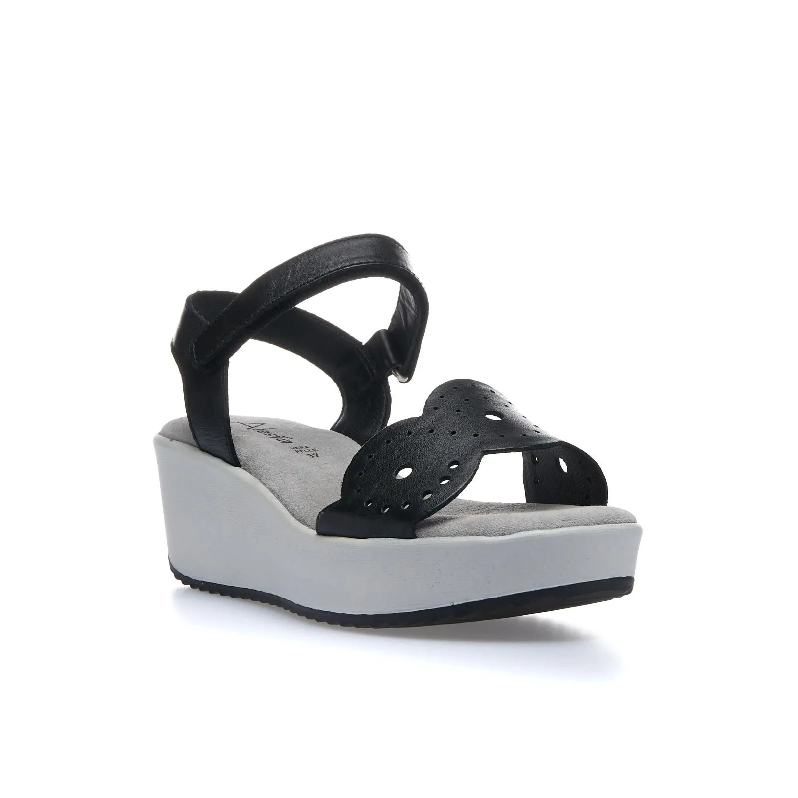 Sandali neri con zeppa in pelle con chiusura in velcro