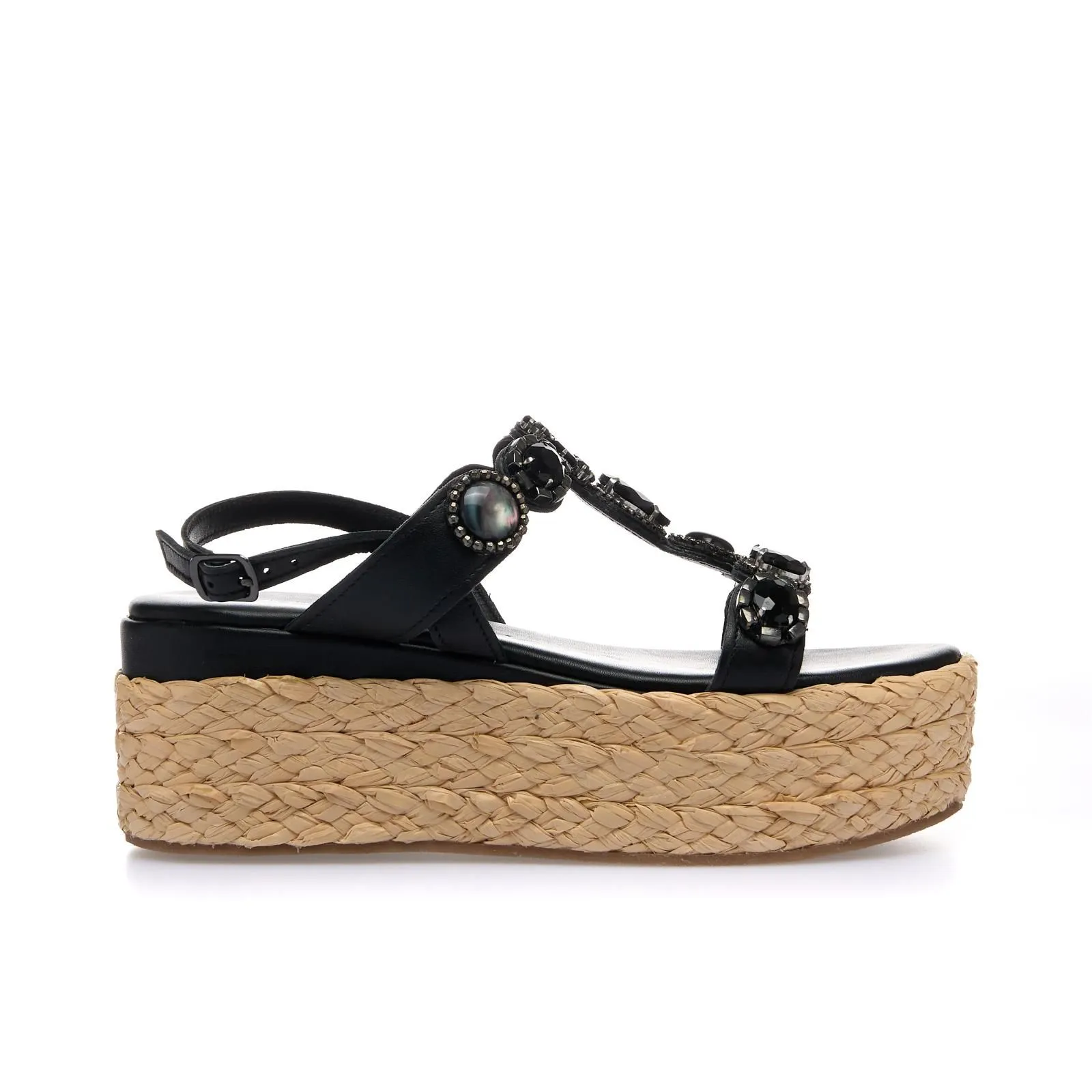 Sandali neri in pelle con maxi zeppa