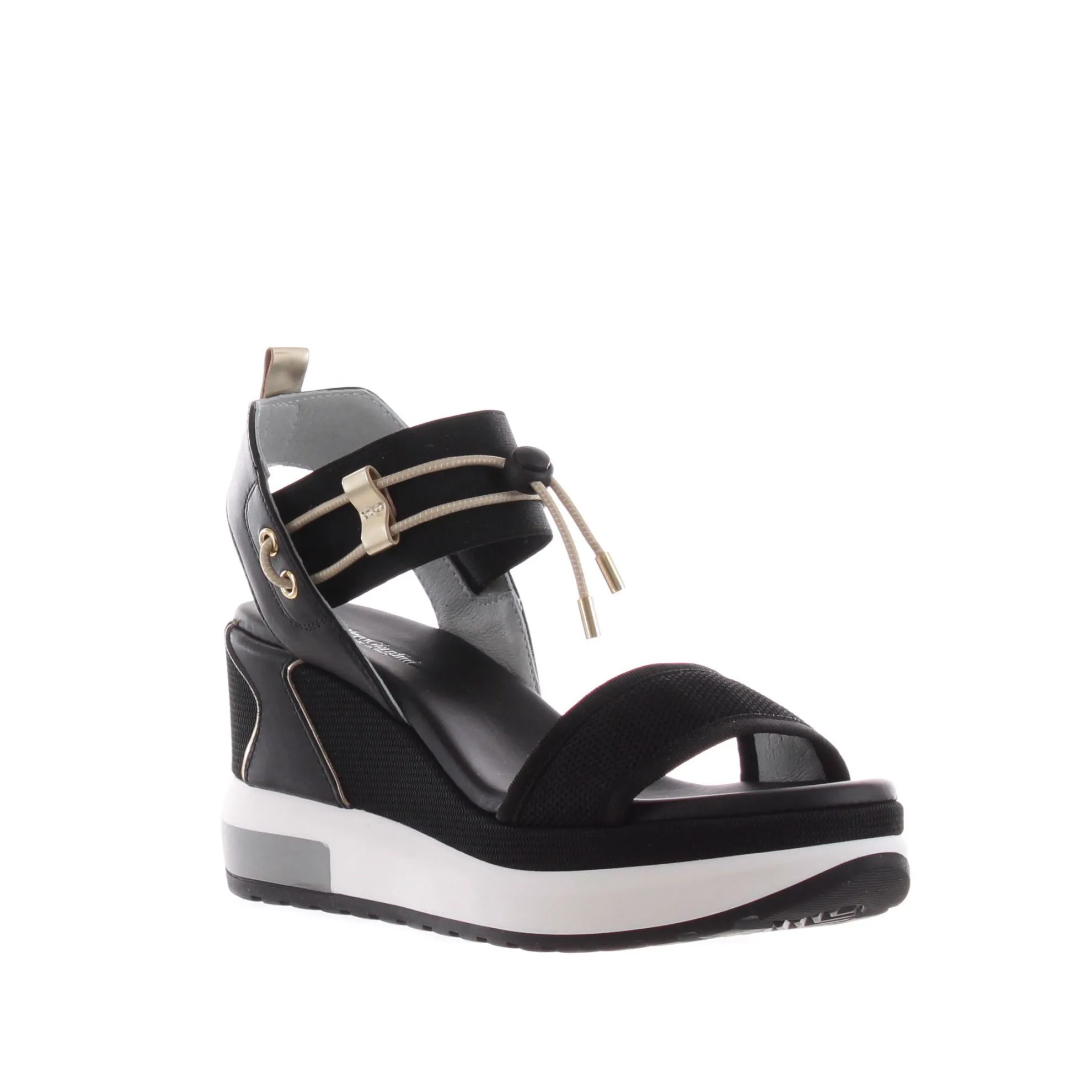Sandalo con zeppa in mesh e pelle