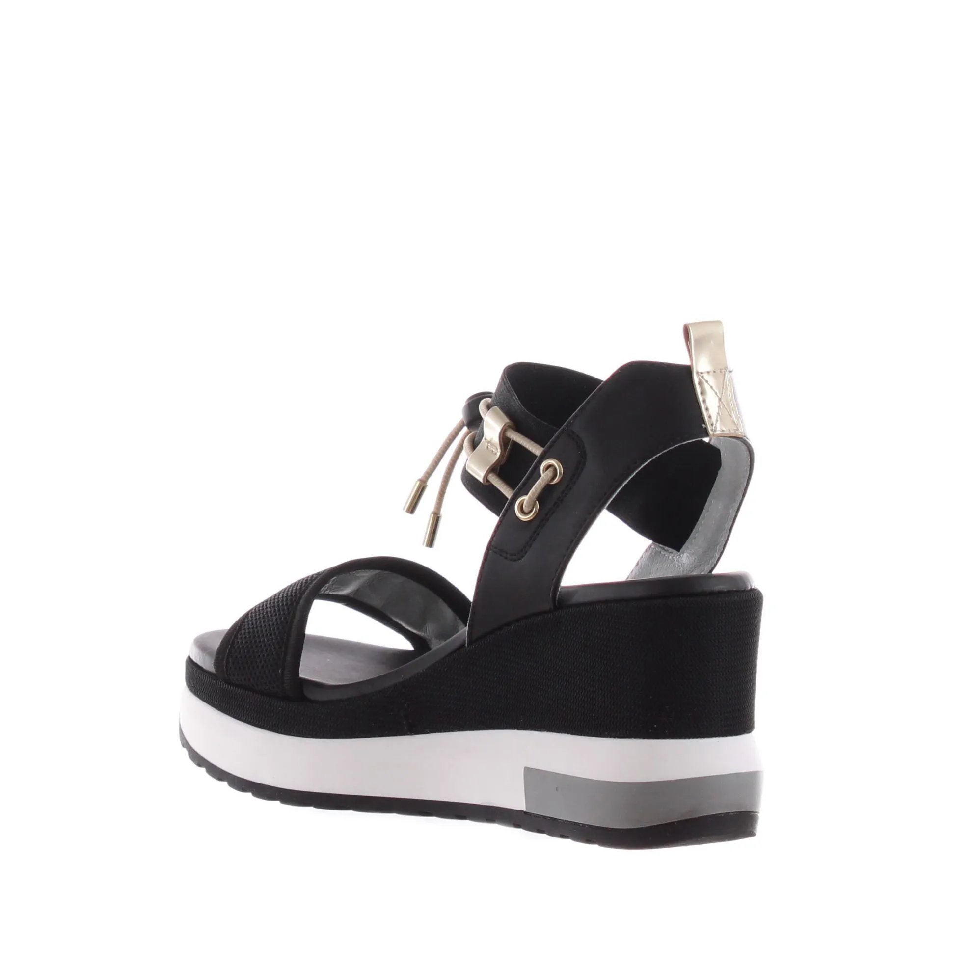 Sandalo con zeppa in mesh e pelle