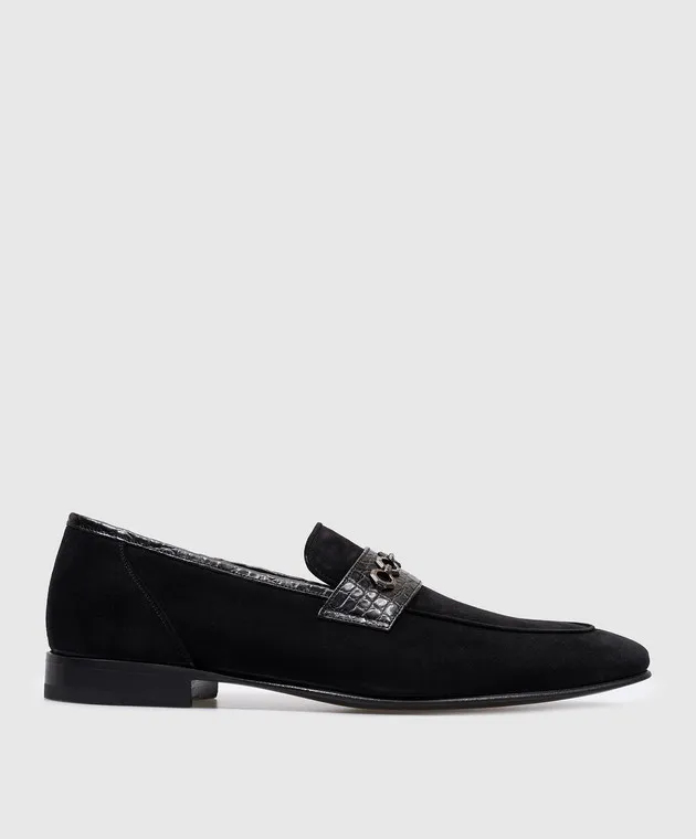 Stefano Ricci Mocassini in camoscio nero con pelle di coccodrillo UF312C2247SDCS