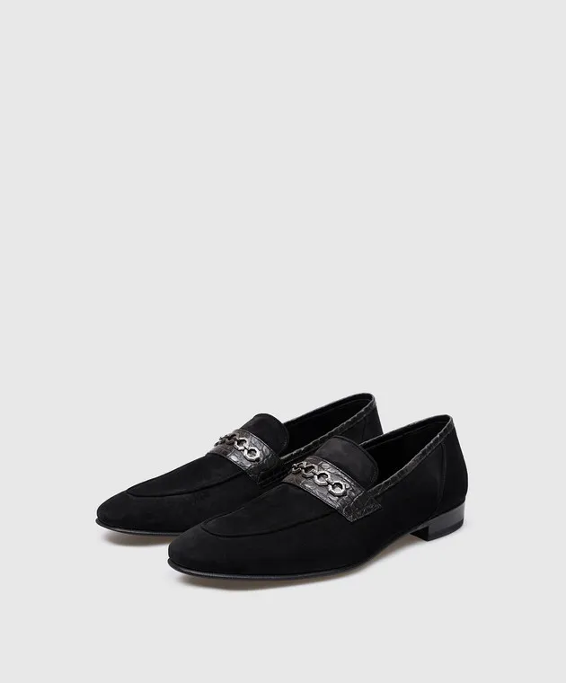 Stefano Ricci Mocassini in camoscio nero con pelle di coccodrillo UF312C2247SDCS