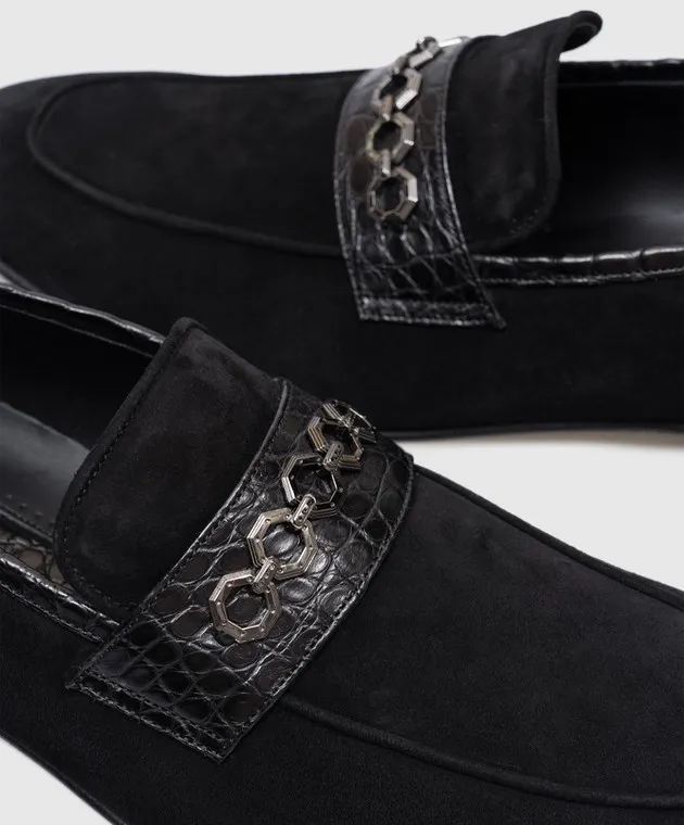 Stefano Ricci Mocassini in camoscio nero con pelle di coccodrillo UF312C2247SDCS