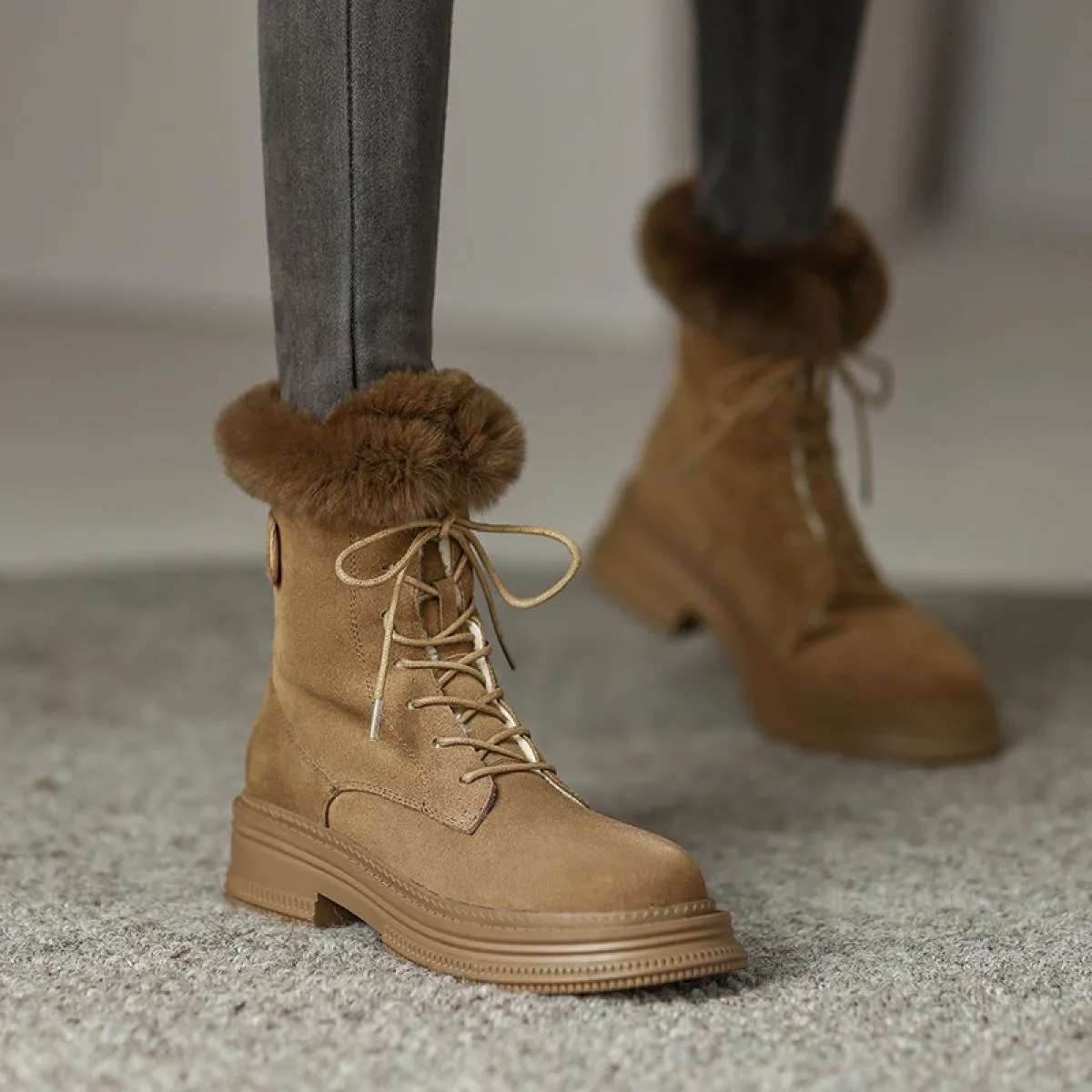 Stivaletti da donna in pelle scamosciata di mucca di lana dolce Stivali da neve con lacci da donna Scarpe casual da ballo Stival