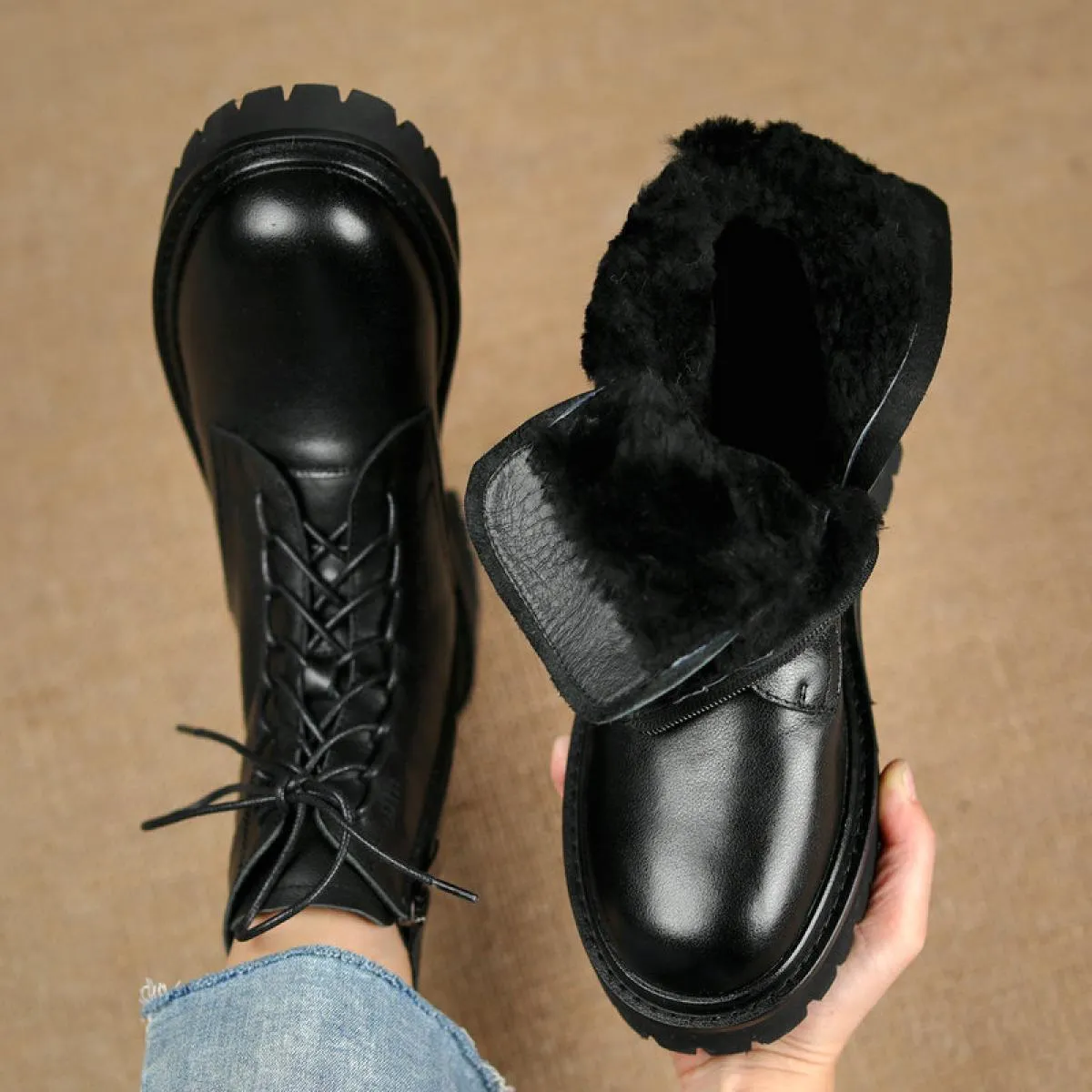 Stivaletti da donna in vera pelle di alta qualità Scarpe casual con cerniera in pelliccia da donna Stivali da neve in lana autun