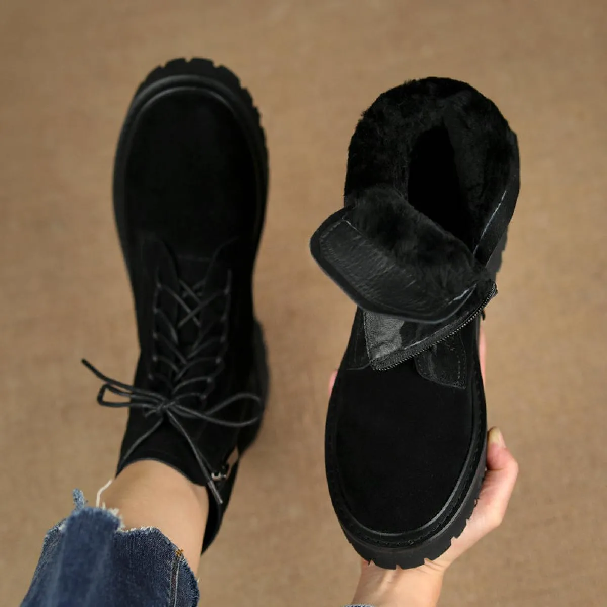 Stivaletti da donna in vera pelle di alta qualità Scarpe casual con cerniera in pelliccia da donna Stivali da neve in lana autun