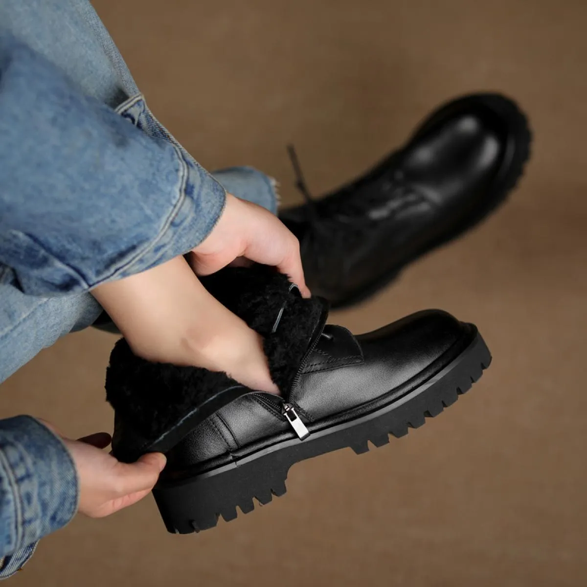 Stivaletti da donna in vera pelle di alta qualità Scarpe casual con cerniera in pelliccia da donna Stivali da neve in lana autun