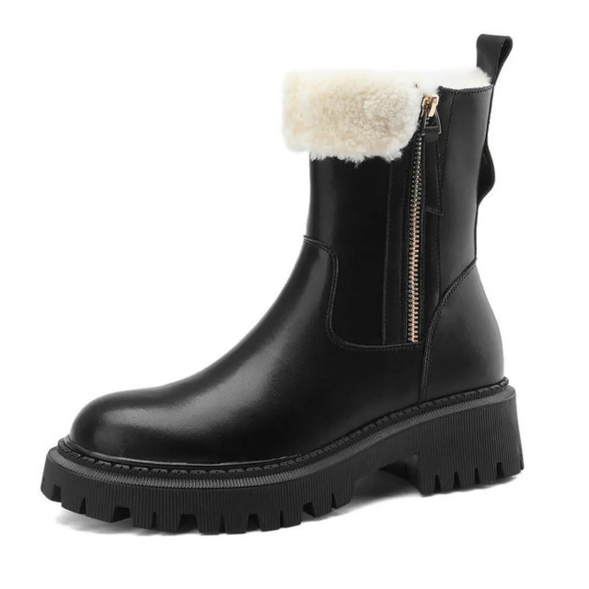 Stivaletti da donna Piattaforma in pelliccia di lana Stivali da moto caldi con tacco medio alla moda Scarpe da donna in vera pel