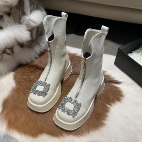 Stivali Chelsea in cristallo Scarpe casual da donna Moda 2023 Nuova tendenza Stivali da moto Goth con tacco medio invernale Glad