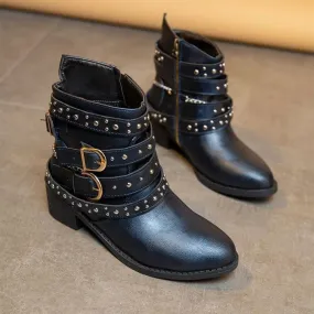 Stivali da moto da donna retrò con tacco quadrato Stivaletti con design con zip con rivetti per scarpe da donna street style occ