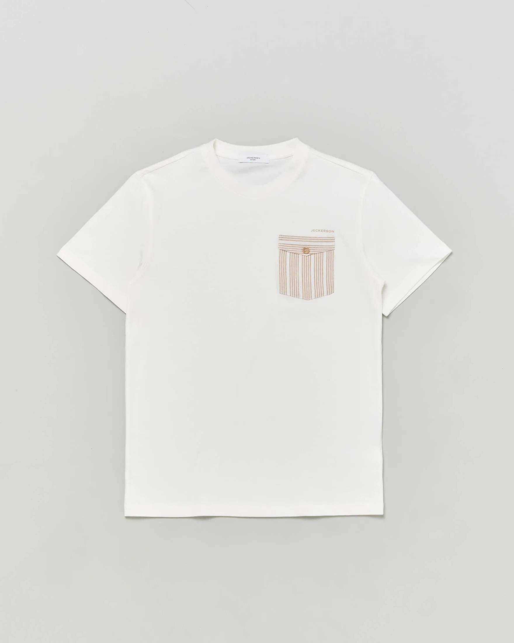 T-shirt bianca mezza manica in cotone con taschino in fantasia rigata beige 10-16 anni