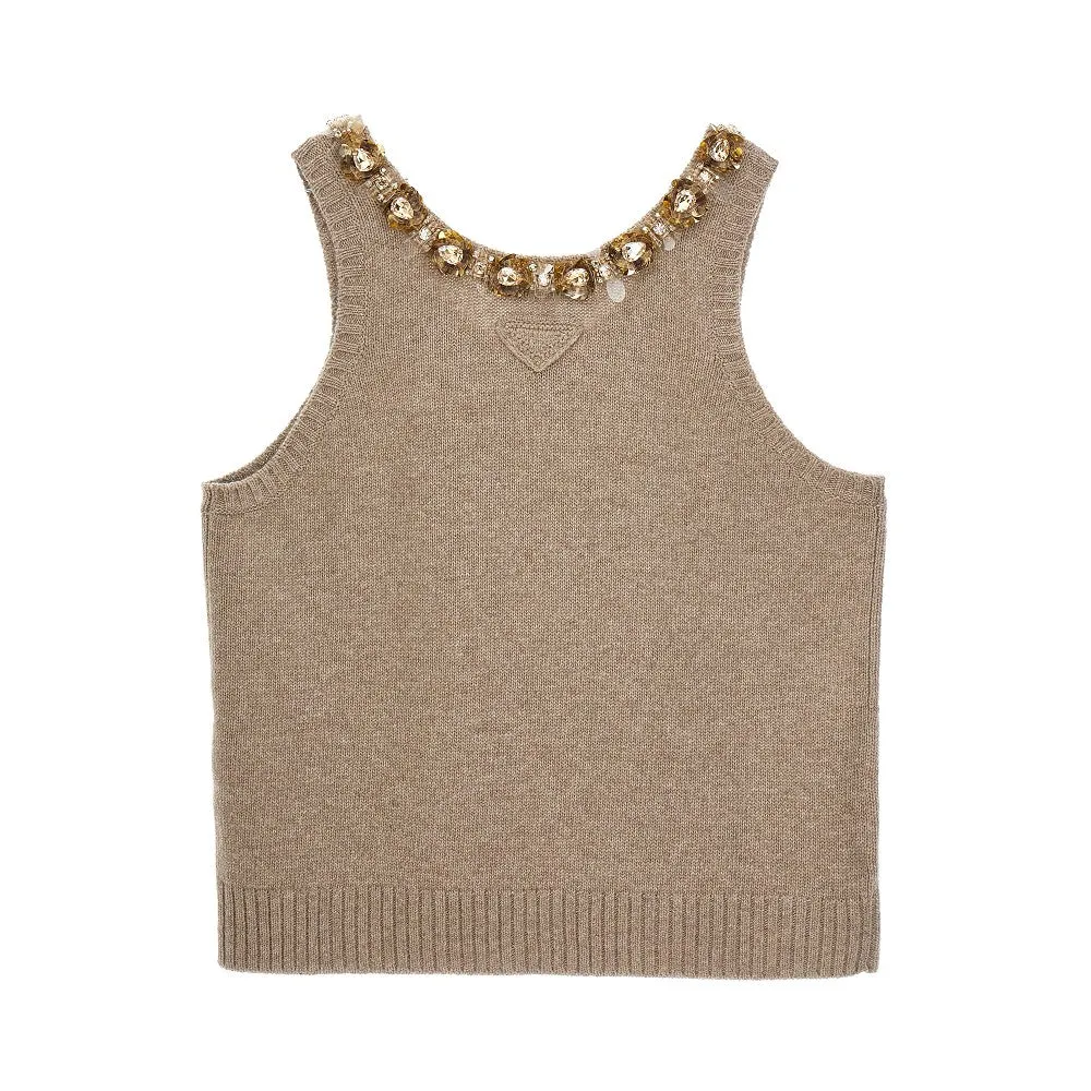 Top in misto cachemire con ricamo gioiello