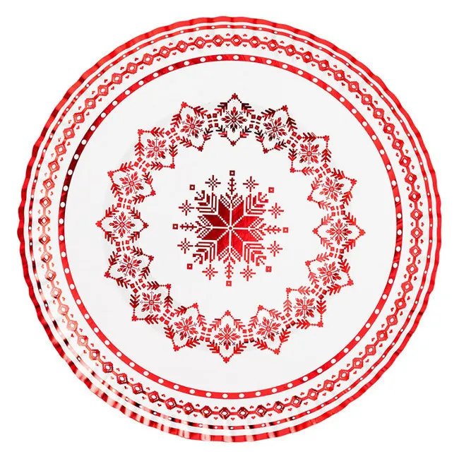 Vassoio natalizio rotondo in cartone con ricamo rosso 30 cm - 1 pz.