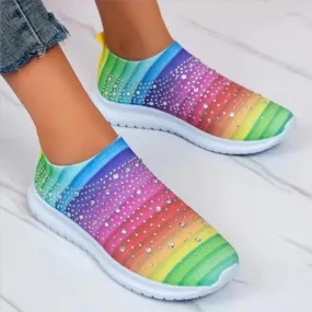 Vendita a buon mercato Scarpe da donna Arcobaleno Rhiestone Scarpe basse Slip On Stripe Moda Scarpe da ginnastica Scarpe Dropshi
