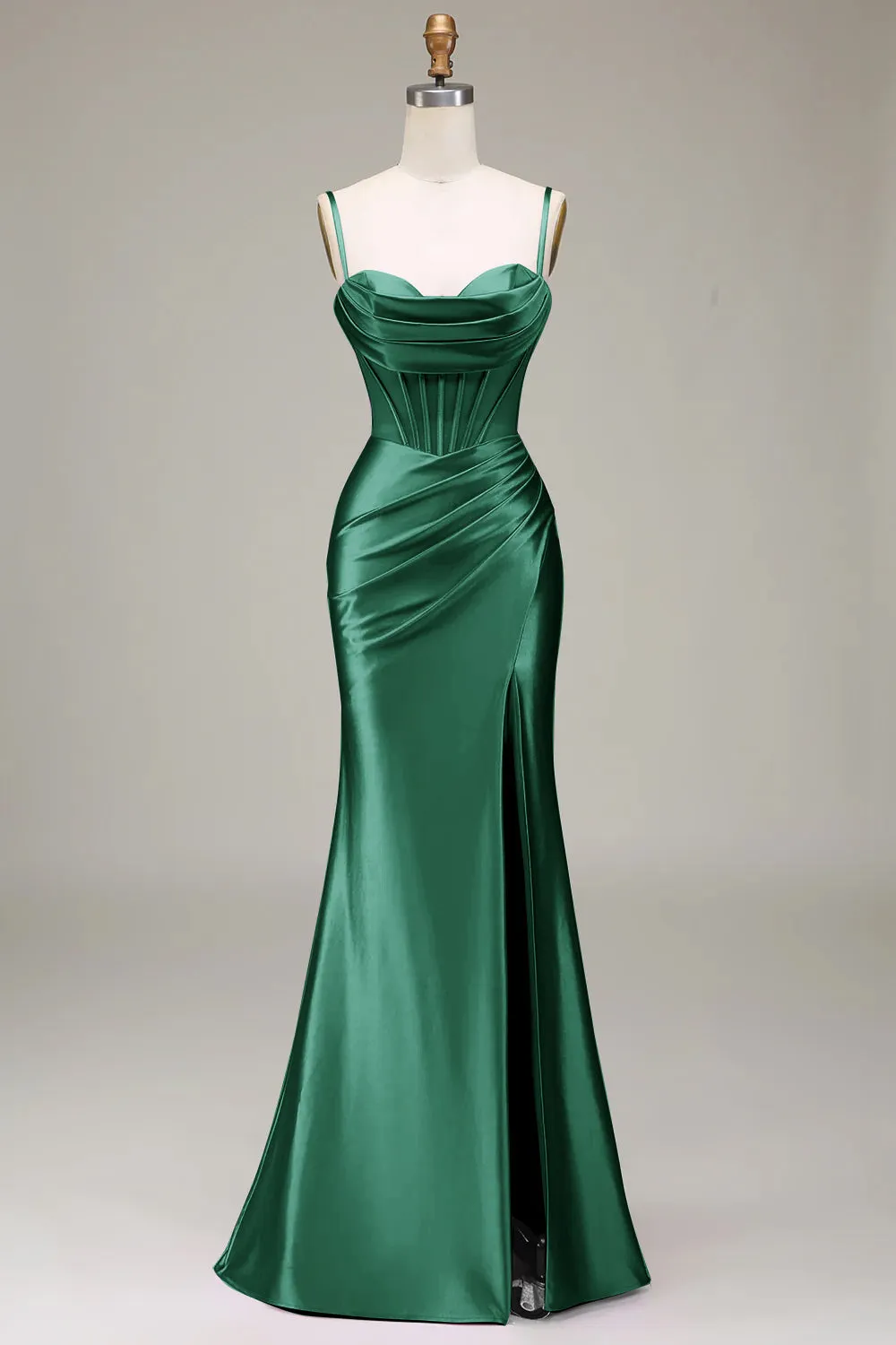 Verde scuro Sirena Spalline sottili Corsetto Abito da ballo con Split Front
